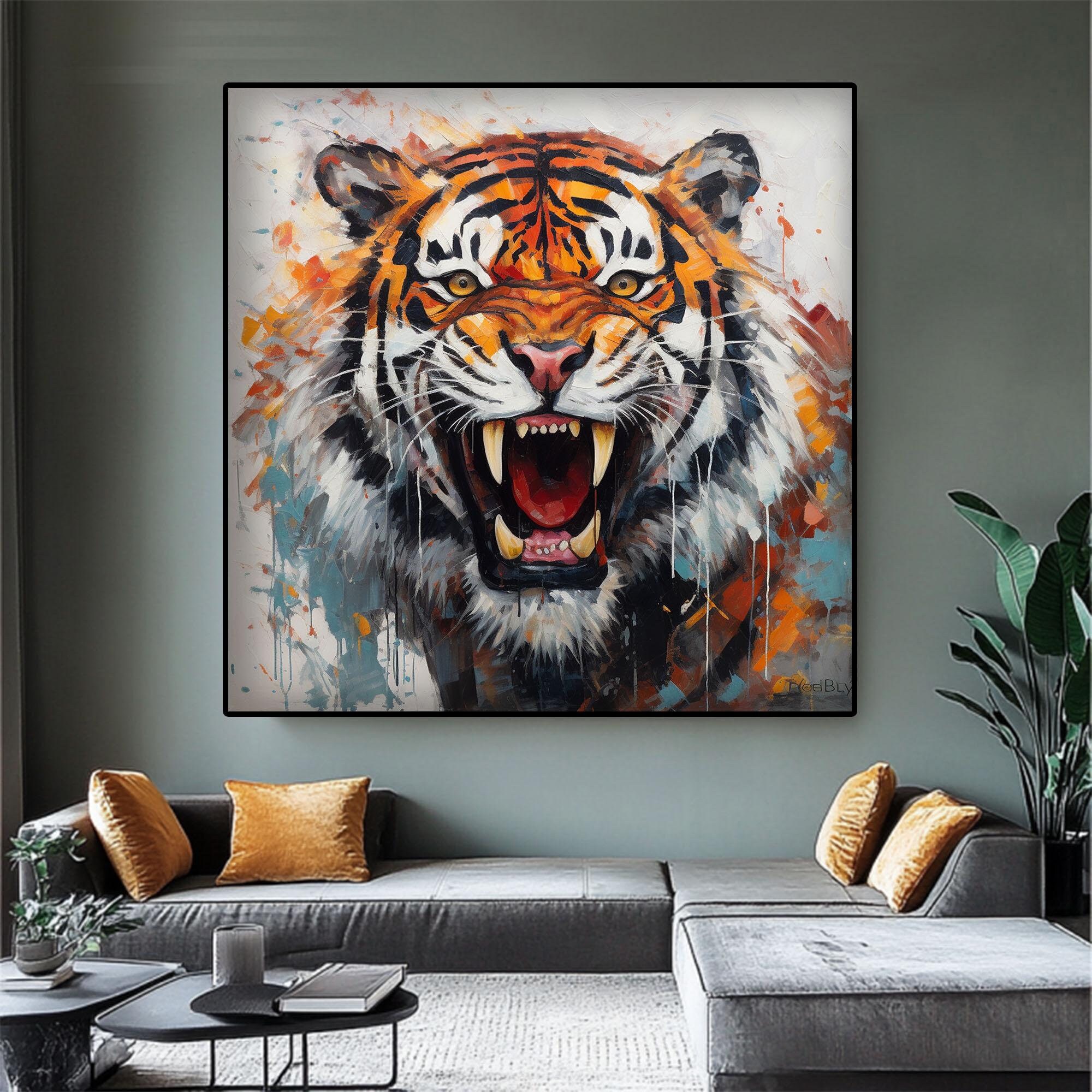 テクスチャのある虎の絵画：モダンな抽象動物の肖像画、リビングルーム