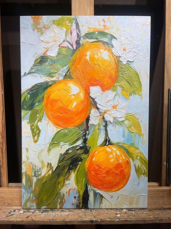 手作りのオレンジの木の油絵：抽象的なテクスチャの壁アート - Etsy 日本