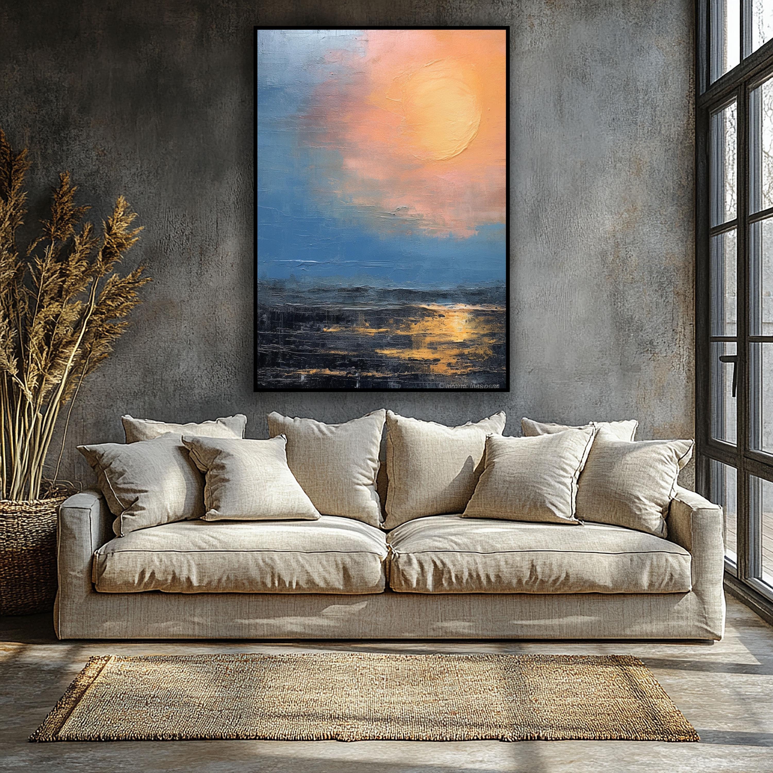 テクスチャ油絵：ピンクの夕焼けの海景、抽象的な壁アート - Etsy 日本