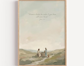 Femme au puits — Jean 4:14 peinture abstraite décoration d'intérieur chrétienne téléchargement numérique