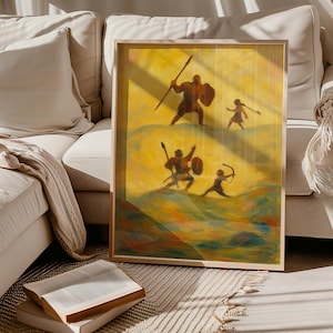 David and Goliath Print Bible Art - 1 Samuel 17 Christian Wall Decor, Modern Bible Verse Sketch for Sunday School Classroom