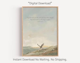 May include: A framed art print featuring a landscape with an eagle in flight. The artwork has a soft color palette of blues, greens, and beige. The text "They that wait upon the Lord shall renew their strength; they shall mount up with wings as eagles. Isaiah 40:31" is displayed.