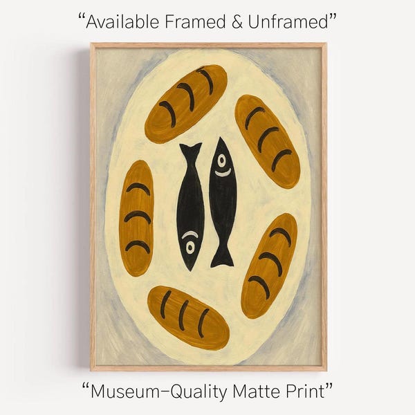 Fishes and loaves, jesus feeds 5000, Christian Wall Art, PHYSICAL PRINT!, Bible Painting