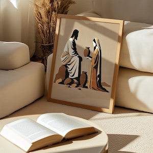 Kunstdruk Jezus en Samaritaanse vrouw: abstract bijbeldecor