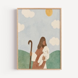 Kids Psalm 23 Print: Jesus and Sheep Christian Wall Art