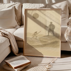 David and Goliath Print, Modern Bible Story Sketch, Religious Wall Art