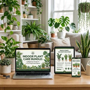 Puede incluir: Un ordenador portátil, una tableta y un smartphone muestran guías de cuidado de plantas sobre una mesa de madera. La pantalla del portátil dice "INDOOR PLANT CARE BUNDLE". La tableta dice "QUICK START: NO LIGHT SOLUTION". El smartphone dice "GROW FOOD IN SMALL SPACES".