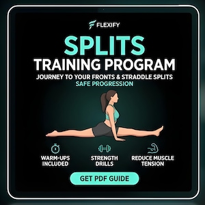 Può includere: Grafica digitale che promuove un programma di allenamento per le spaccate. L'immagine presenta una donna in posizione di spaccata, con il testo "SPLITS TRAINING PROGRAM" e "GET PDF GUIDE". Le icone indicano riscaldamento, esercizi di forza e riduzione della tensione muscolare.