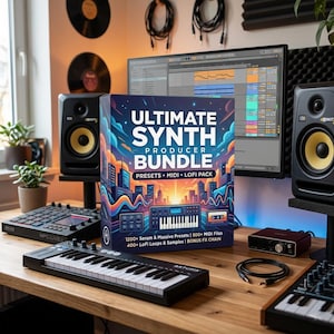 Puede incluir: Una configuración de estudio de producción musical con un set de caja titulado "ULTIMATE SYNTH PRODUCER BUNDLE" con presets, MIDI y paquetes LoFi. Incluye un teclado, una interfaz de audio, altavoces y un monitor de ordenador.