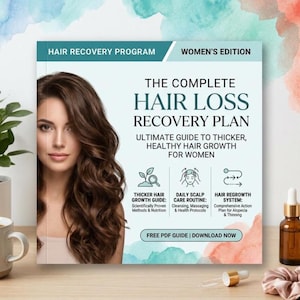 Op de afbeelding: Een boekomslag getiteld "The Complete Hair Loss Recovery Plan" met een afbeelding van een vrouw en tekst over haargroei. De omslag bevat de tekst "Hair Recovery Program" en "Women's Edition". Het bevat ook pictogrammen en de woorden "Free PDF Guide | Download Now".