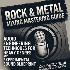 Pode incluir: Capa de livro com o título "ROCK & METAL MIXING MASTERING GUIDE" em texto branco. Apresenta uma ilustração de microfone e texto sobre técnicas de engenharia de áudio para gêneros pesados e som experimental. O autor é John "METAL" Smith.