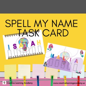 May include: Two printable task cards for kids to practice spelling their names. The cards feature a colorful lightbulb design and a mermaid illustration. The name "ISAAH" is on the top card and the name "MALIA" is on the bottom card. The cards are designed for use with letter tiles or other manipulatives.