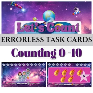 May include: Two colorful task cards with a space theme. The first card shows three astronauts in space and asks "How many astronauts do you see?" The second card shows five comets and asks "How many comets do you see?" The number six is highlighted on the second card.