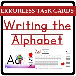 May include: Errorless task cards for learning to write the alphabet. The card features a large capital letter A, a lowercase letter a, and a picture of an apple and an ant. The word "at" is written below the pictures. There are lines for tracing the letter A.