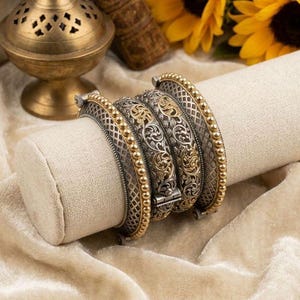 Ensemble bohème ouvrable 4 pièces bicolore Kada, bracelet oxydé pour femme
