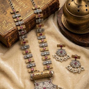 Könnte beinhalten: Eine lange Halskette und passende Ohrringe mit abwechselnden silber- und goldfarbenen rechteckigen Gliedern, besetzt mit roten und klaren Steinen. Die Kette endet in einem großen, verzierten silbernen Anhänger mit weißen Perlen.