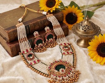 Braut Jadau Perle Choker mit Statement Anhänger, Handgemachter Hochzeitsschmuck, Traditionelles Geschenk für Frauen