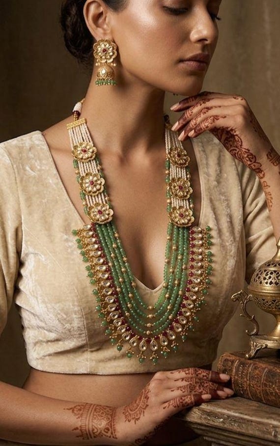 Emerald Green Kundan Jewelry Set | Multi-Layer Beaded Necklace with Earrings | Traditional Indian Wedding Jewelry |