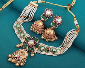 Gulaab Antique Designer Choker Set, ethnischer Kundan Schmuck mit Jhumka