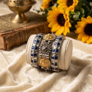 Könnte beinhalten: Ein Armbandset bestehend aus zwei äußeren Bändern mit quadratischen blauen und klaren Steinen sowie einem mittleren Band mit kunstvoller silberfarbener Metallarbeit, kreisförmigen Blumenmotiven und goldenen Akzenten auf einem beigen Halter.