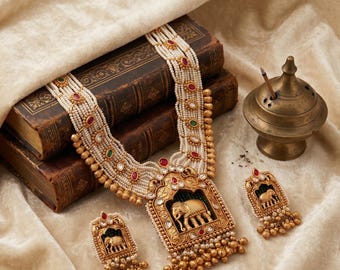 Elefant Perlen Halskette Set, indische Choker, Tempel Schmuck, ethnischer Hochzeitsschmuck, Brautgeschenk