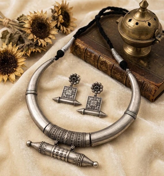 Boho Tabiz Hasuli with Earrings, Handmade Tribal Jewelry for Ethnic & Boho Style