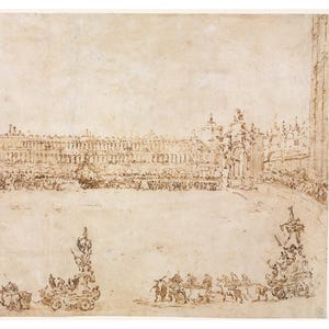 Venice View. Piazza San Marco Feast with Chariots. Ink Drawing Sketch by Francesco Guardi, 1782.