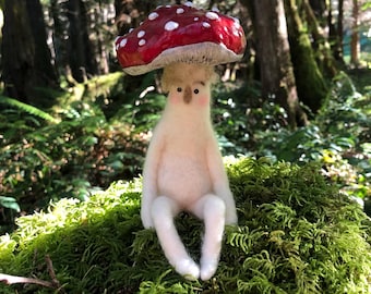 Amanita mushroom felted clay art doll posable, waldorf, wool, nature, natural, fantasy, anthropomorphic, gift for mushroom lover, handmade