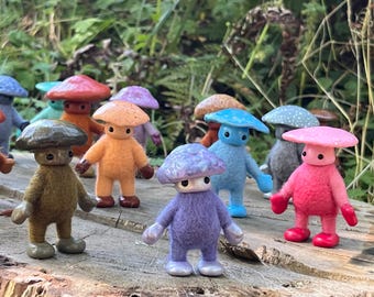 Mushroom Sprites needle felted posable miniature art doll desk buddy whimsical garden figurine one of a kind handmade gift