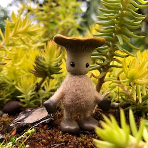 May include: A charming mushroom figure with a tan cap and body, dark grey arms and feet, and black eyes. The figurine is set against a backdrop of yellow and green plants, creating a natural, earthy scene.