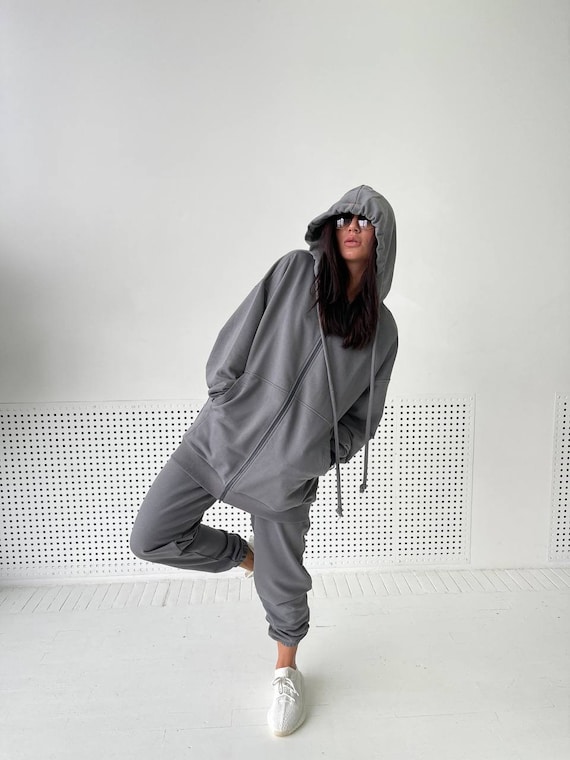 Grey Hoodie and Sweatpants-loose Fit Hoodie and Sweatpants-2 Piece