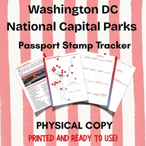 Può includere: Un libretto stampato Washington DC National Capital Parks Passport Stamp Tracker. Le pagine presentano una lista di controllo dei siti, una mappa con posizioni numerate e riquadri vuoti per i timbri. Il testo recita Washington DC National Capital Parks Passport Stamp Tracker, Physical Copy, Printed and Ready to Use.
