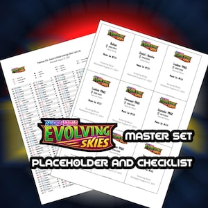 May include: Two white sheets featuring text and logos related to the Pokémon TCG Evolving Skies card set. One sheet is a checklist, and the other displays card details. The text includes "Master Set" and "Placeholder and Checklist."