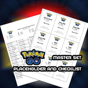 May include: Two white sheets with Pokémon GO card lists and a master set checklist. The sheets feature the Pokémon GO logo, card names, and set details. Text includes "Placeholder and Checklist".