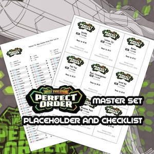 Peut inclure: Deux feuilles blanches avec des logos et du texte "PERFECT ORDER". L'une est une liste de contrôle, l'autre présente des images de cartes avec des noms comme "Jacinthe" et "Naveen". Les mots "MASTER SET" et "PLACEHOLDER AND CHECKLIST" sont également visibles.