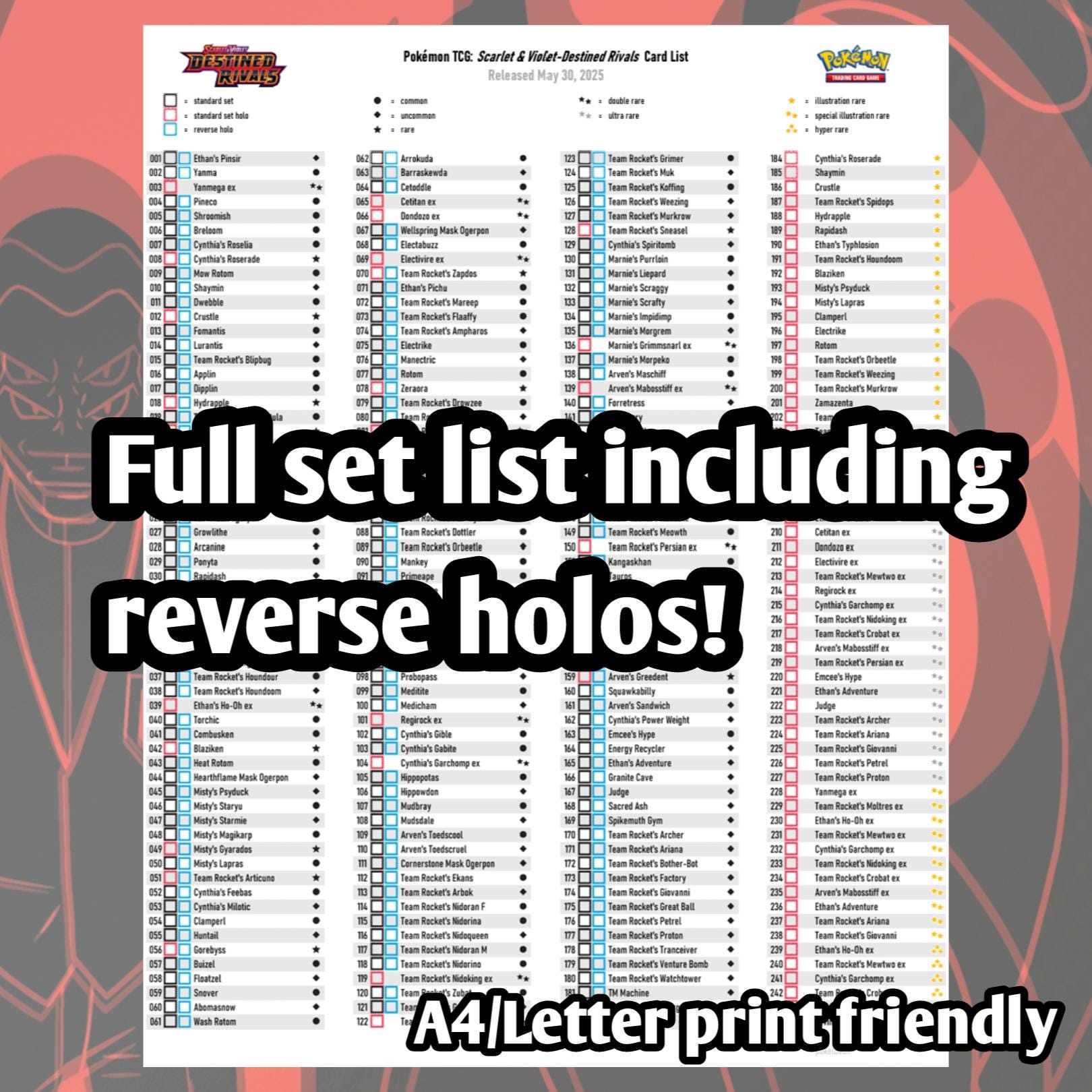 pokemon destined rivals english card list Pokemon TCG Destined Rivals Set Binder Placeholder and Checklist Master Card  List Digital Download Scarlet & Violet