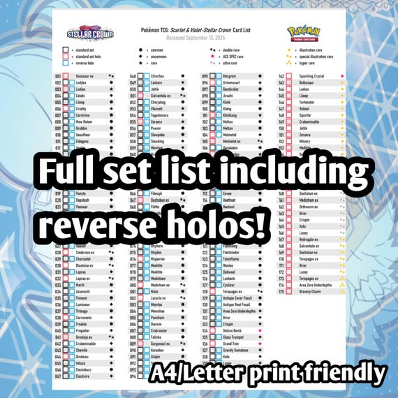 Pokemon TCG Stellar Crown Set Binder Placeholder and Checklist Master Card List Digital Download Scarlet & Violet - Etsy Canada Pokemon TCG Stellar Crown Set Binder Placeholder and Checklist Master Card List Digital Download Scarlet & Violet - Etsy Canada