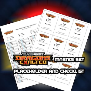 Puede incluir: Dos hojas blancas con texto y logotipos relacionados con el juego de cartas coleccionables Pokémon TCG Black & White Dragons Exalted. Una hoja es una lista de verificación, y la otra muestra detalles de la tarjeta, incluyendo "Master Set".