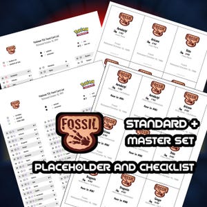 May include: A collection of Pokémon TCG Fossil card lists and checklists. The cards feature the Fossil logo and include card names like Aerodactyl, Articuno, and Ditto. The text "STANDARD + MASTER SET" is also visible.