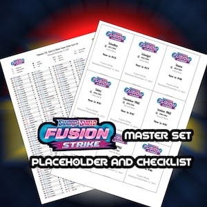 May include: Two white sheets featuring text and graphics related to the Pokémon TCG Sword & Shield Fusion Strike card set. One sheet is a checklist, and the other displays card details, including the Fusion Strike logo and the words "Master Set".