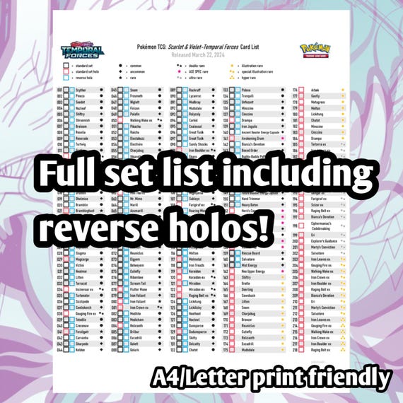 pokemon scarlet violet temporal forces card list Pokemon TCG Temporal Forces Set Binder Placeholder and Checklist Master Card  List Digital Download Scarlet & Violet