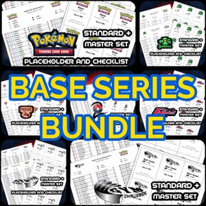May include: A collection of Pokémon Trading Card Game placeholder and checklist sheets. The image features the Pokémon logo, along with text that reads "Base Series Bundle" and "Standard + Master Set". Various set logos are also visible.