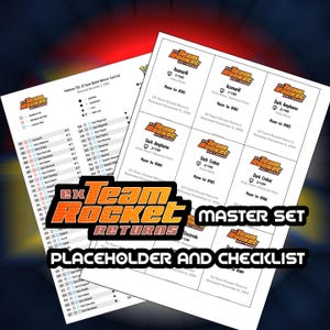 Puede incluir: Dos hojas blancas con texto e imágenes relacionadas con el juego de cartas "EX Team Rocket Returns". Una es una lista de verificación, y la otra muestra imágenes de cartas, incluyendo "Azumarill" y "Dark Ampharos". Las palabras "MASTER SET" y "PLACEHOLDER AND CHECKLIST" también son visibles.