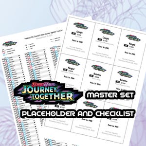 May include: Two sheets of paper with a checklist and placeholder for the Pokémon TCG Scarlet & Violet Journey Together card set. The checklist includes card numbers and names. The other sheet shows card examples, including Caterpie and Butterfree.