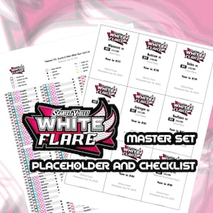 Puede incluir: Dos hojas de papel blanco con texto y gráficos relacionados con el juego de cartas Pokémon TCG Scarlet & Violet White Flare. Una hoja es una lista de verificación, la otra muestra imágenes de cartas. El logotipo de White Flare está en rosa y blanco.