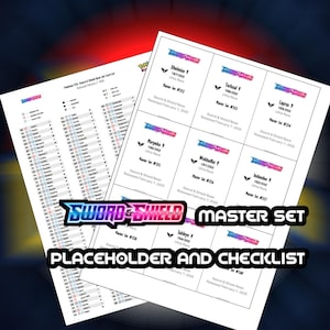 May include: Two white sheets with text and graphics related to a Pokémon TCG Sword & Shield Master Set. One sheet is a checklist, the other displays card details. The text includes card names, set numbers, and the phrase "Placeholder and Checklist."