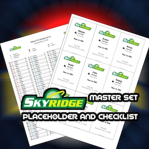 Puede incluir: Dos hojas blancas con listas de cartas Skyridge Pokémon TCG y una lista de verificación del conjunto maestro. Las cartas incluyen Alakazam, Arcanine, Articuno, Beedrill, Crobat y Dewgong. También es visible el texto "Skyridge Master Set Placeholder and Checklist".