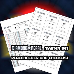 May include: Two white sheets with text and card images. The text reads "Diamond & Pearl Master Set Placeholder and Checklist." The cards include images of Dialga, Dusknoir, and Electivire. The cards are from the Pokémon TCG.