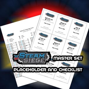 May include: Two white sheets with text and images related to the Pokémon TCG Steam Siege card set. One sheet is a checklist, and the other displays card details, including "Steelix Spirit Link" and "Volcanion EX".