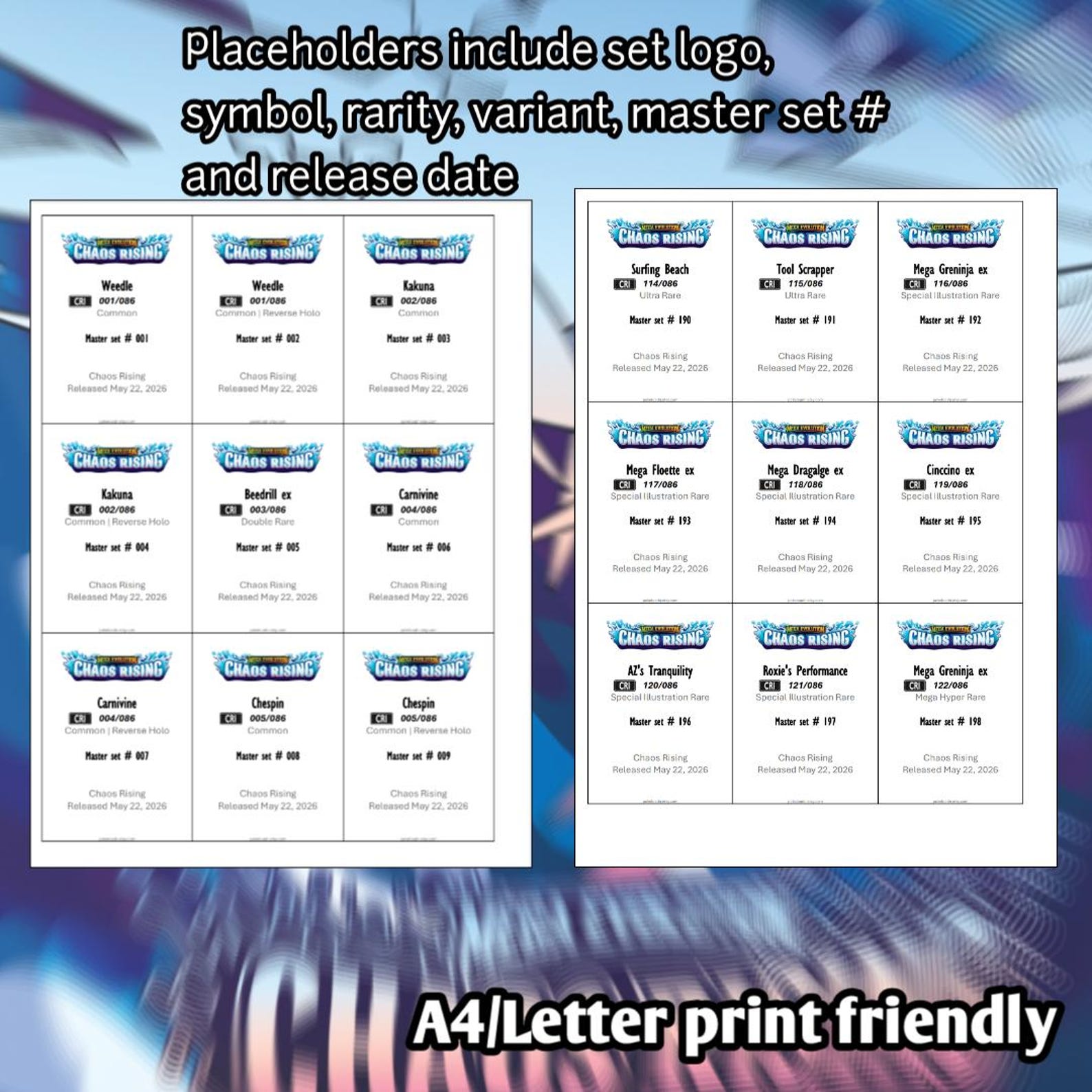 Pokemon TCG Chaos Rising Set Binder Placeholder and Checklist Master ...